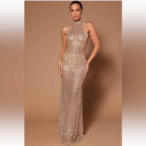 FASHION NOVA LUXE Emorie Gold Sequin Mesh Maxi Dress Size XL NWT NEVER WORN! - Picture 3 of 5
